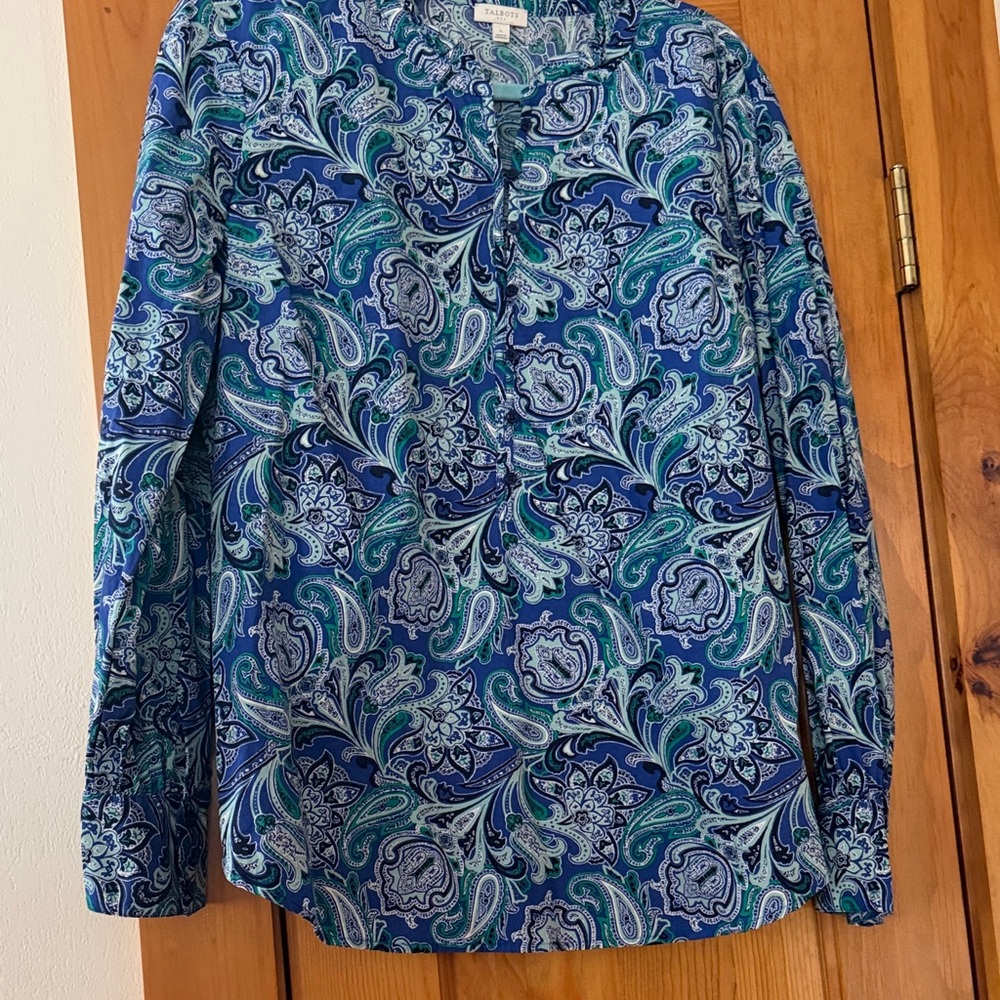Talbots long sleeve Blouse Blue Green Purple Paisley print Blouse Size large - Picture 1 of 10